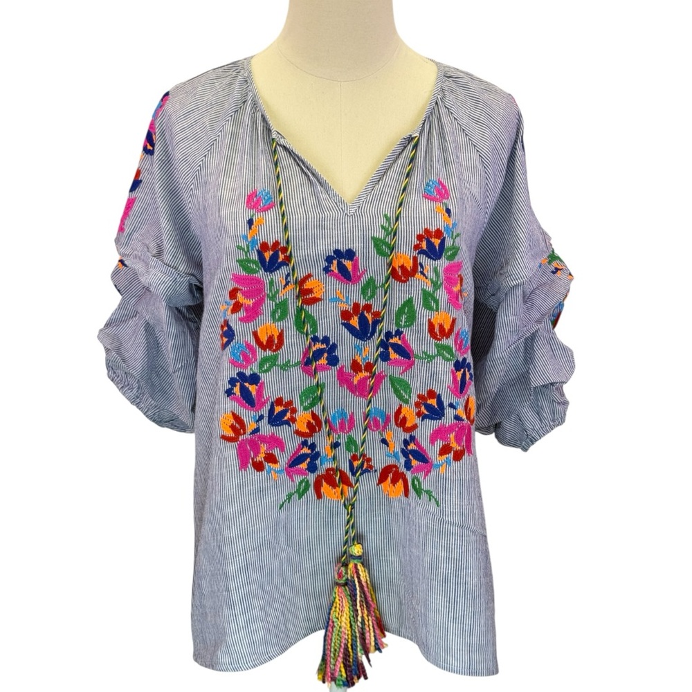 See And Be‎ Seen Women's Blue Striped Floral Embroidered Boho Tassel Top Size S